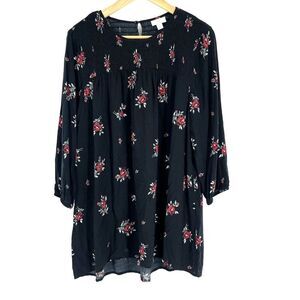 J Jill Tunic Top Size Medium Womens Black Red Smocked Printed Floral Long Sleeve